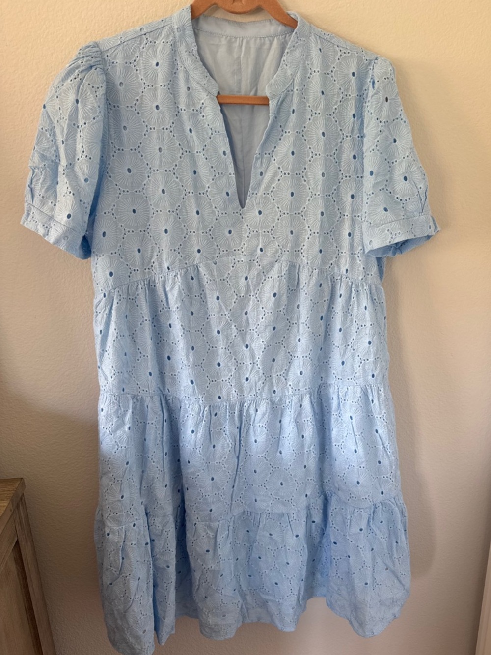 Light Blue Eyelet Summer Dress with Puff Sleeves - Picture 3 of 5